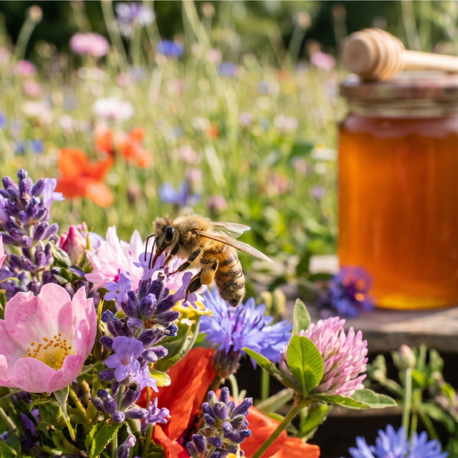 Abeja recolectando néctar en flores silvestres
